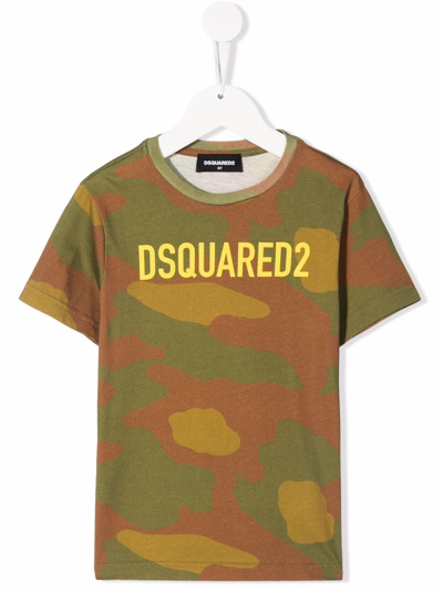 Dsquared2 Kids Camouflage-print Logo Cotton T-shirt In Military Green