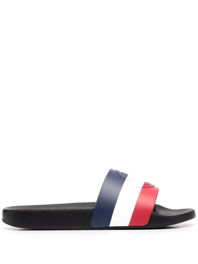 Moncler Embossed-logo Striped Flip Flops In Black