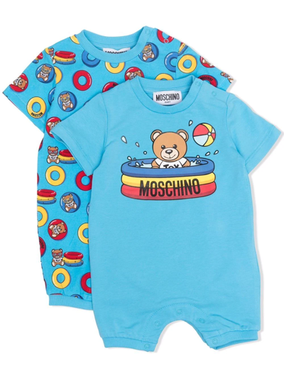 Moschino Babies' 印花棉质平纹针织连体衣2件套装 In Azzuro