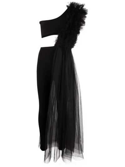 Alchemy X Lia Aram Asymmetric Ruffle-detail Jumpsuit In Black