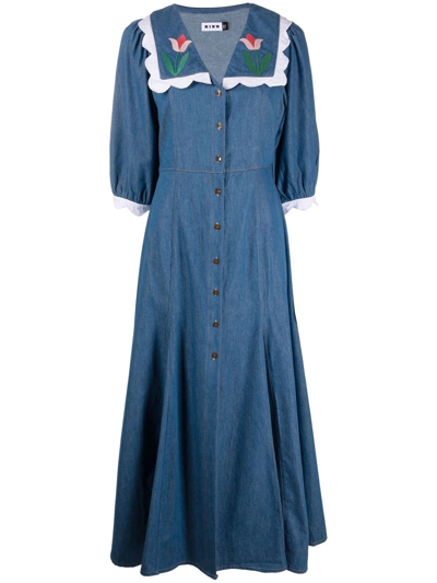 Rixo London Ellen Flower-embroidered Denim Dress In Blue,white