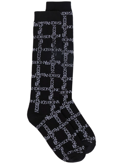 Jw Anderson Grid Logo Stretch Cotton Socks In Black White