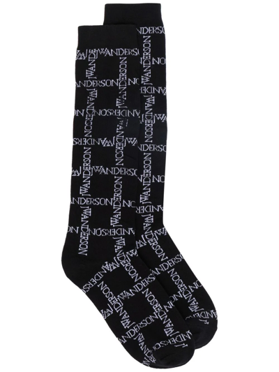 Jw Anderson Grid Logo Stretch Cotton Socks In Black,white