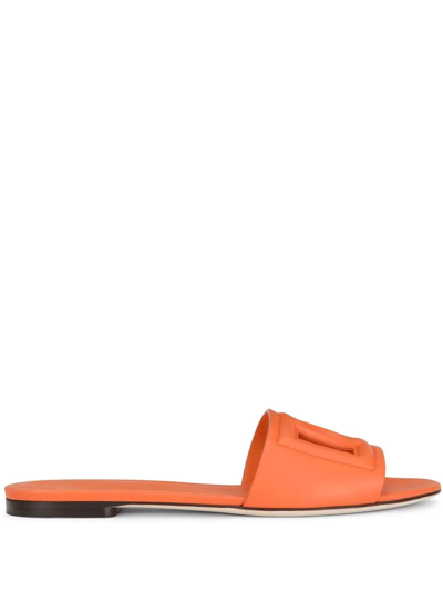 Dolce & Gabbana Logo Cutout Leather Slides In Orange