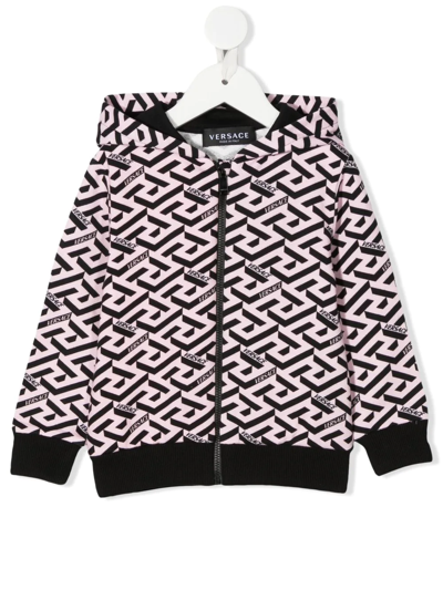 Versace Babies' La Greca-print Zip-up Hoodie In Black