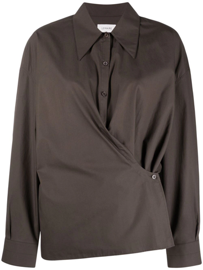 Lemaire Side Fastening Wrap Shirt In Brown