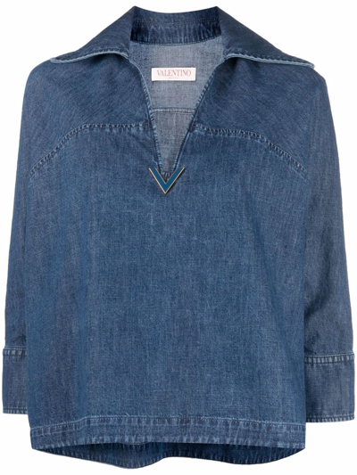 Valentino Vlogo-plaque Denim Blouse In Blue