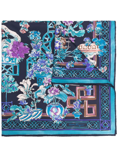Ferragamo Floral-print Silk Foulard Scarf In Azul