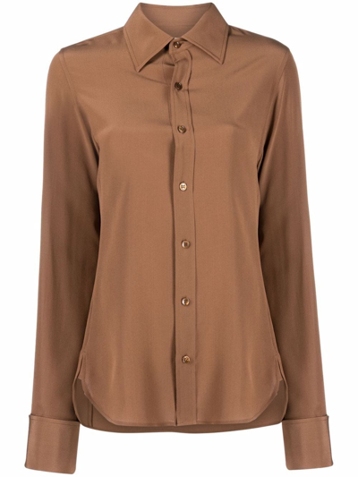 Saint Laurent Button-down Chemise Silk Top In Marron Glace