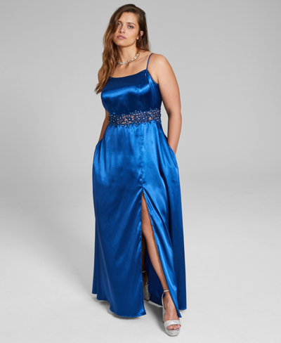 City Studios Trendy Plus Size Illusion-waist-applique Gown In Dark Blue