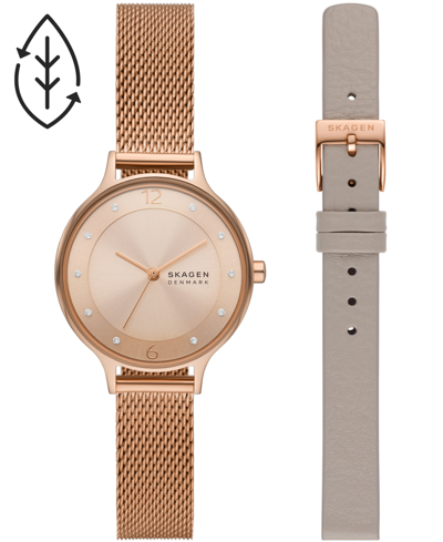 Skagen Women's Anita Interchangeable Rose Gold-tone Stainless Steel Mesh Bracelet Watch 30mm Gift Set In Rosegold Tone