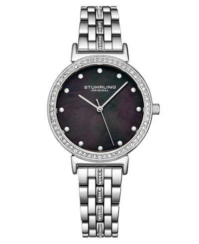 Stuhrling Women's Silver-tone Link Bracelet With Crystals Studded Strip Watch 33mm In Black