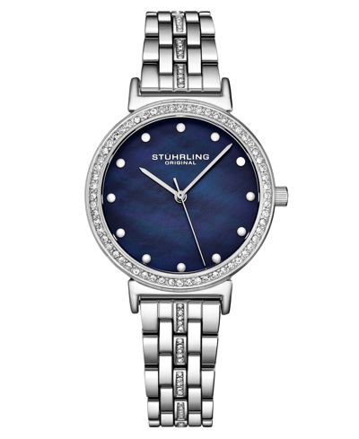 Stuhrling Women's Silver-tone Link Bracelet With Crystals Studded Strip Watch 33mm In Blue
