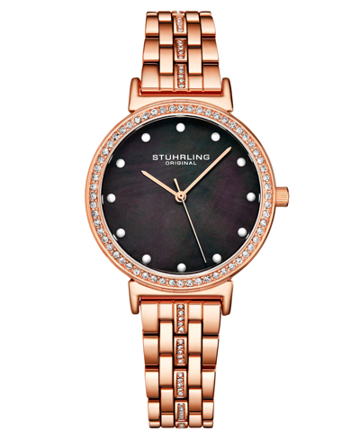 Stuhrling Women's Rose Gold-tone Link Bracelet With Crystals Studded Strip Watch 33mm In Black