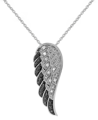 Macy's Black Diamond (1/10 Ct. T.w.) & White Diamond (1/20 Ct. T.w.) Wing 18" Pendant Necklace In Sterling In Sterling Silver