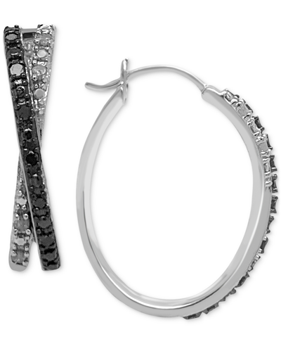 Macy's Black Diamond (1/10 Ct. T.w.) & White Diamond (1/20 Ct. T.w.) Crossover Hoop Earrings In Sterling Si In Sterling Silver