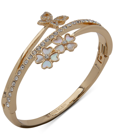 Anne Klein Gold-tone Pave Butterfly & Mother-of-pearl Flower Bangle Bracelet In Crystal