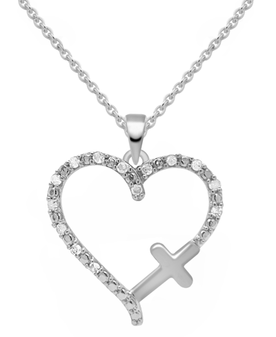 Macy's Diamond Heart & Cross 18" Pendant Necklace (1/10 Ct. T.w.) In Sterling Silver Or Sterling Silver & 1