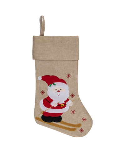 Northlight 19" Burlap Skiing Santa With Poles And Snowflakes Christmas Stocking In Beige