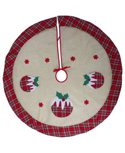 Northlight 48" Burlap Plaid Tree Skirt With Christmas Puddings In Beige