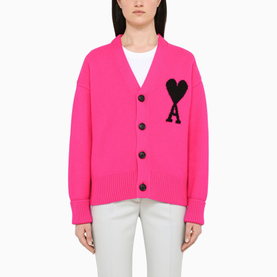 Ami Alexandre Mattiussi Fuchsia Intarsia-logo Cardigan In Pink