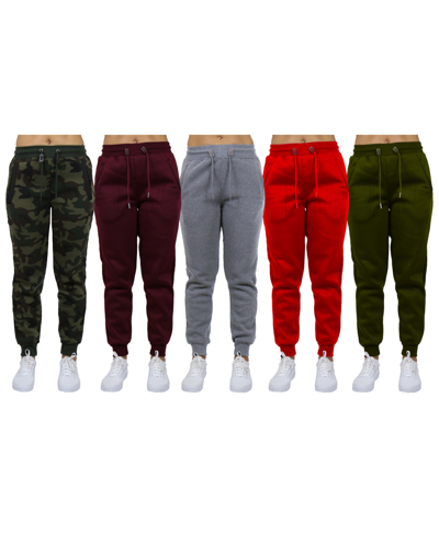 Galaxy By Harvic Women's Loose-fit Fleece Jogger Sweatpants-5 Pack In Red-burgundy-olive-heather Grey-woodland