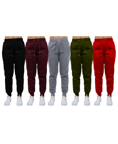 Galaxy By Harvic Women's Loose-fit Fleece Jogger Sweatpants-5 Pack In Black-burgundy-heather Grey-olive-red