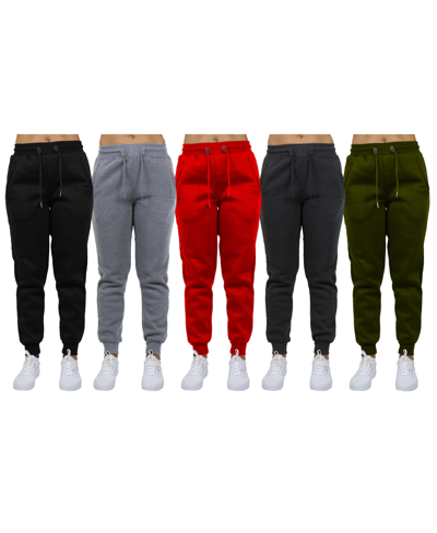Galaxy By Harvic Women's Loose-fit Fleece Jogger Sweatpants-5 Pack In Black-charcoal-olive-red-heather Grey