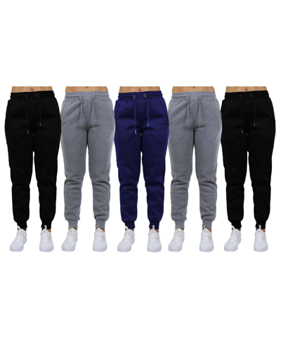 Galaxy By Harvic Women's Loose-fit Fleece Jogger Sweatpants-5 Pack In Black-heather Grey-navy-heather Grey-bla