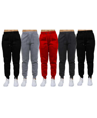 Galaxy By Harvic Women's Loose-fit Fleece Jogger Sweatpants-5 Pack In Black-heather Grey-red-charcoal-black