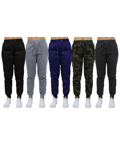Galaxy By Harvic Women's Loose-fit Fleece Jogger Sweatpants-5 Pack In Black-charcoal-heather Grey-navy-woodlan