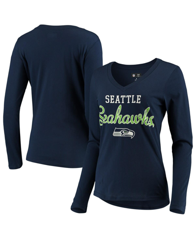 G-iii 4her By Carl Banks Women's  College Navy Seattle Seahawks Post Season Long Sleeve V-neck T-shir