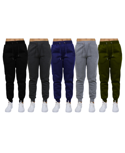 Galaxy By Harvic Women's Loose-fit Fleece Jogger Sweatpants-5 Pack In Black-charcoal-navy-heather Grey-olive