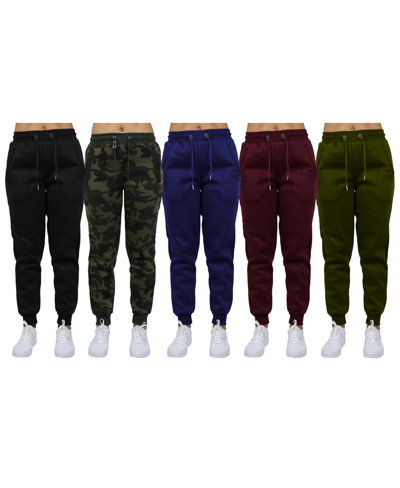 Galaxy By Harvic Women's Loose-fit Fleece Jogger Sweatpants-5 Pack In Navy-burgundy-olive-black-woodland