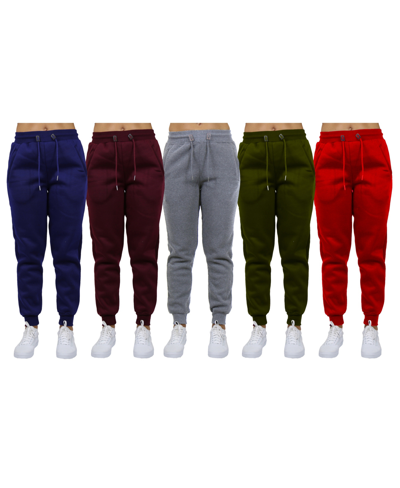 Galaxy By Harvic Women's Loose-fit Fleece Jogger Sweatpants-5 Pack In Navy-burgundy-heather Grey-olive-red
