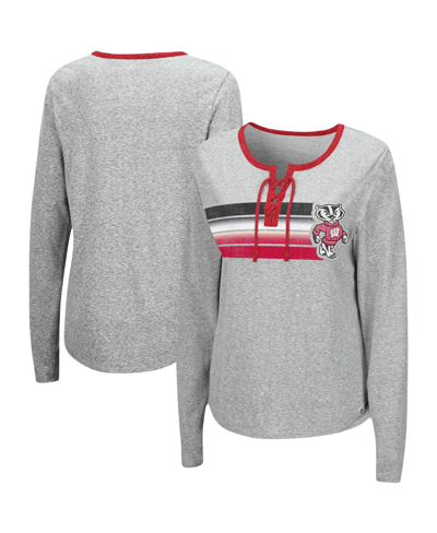Colosseum Women's  Heathered Gray Wisconsin Badgers Sundial Tri-blend Long Sleeve Lace-up T-shirt