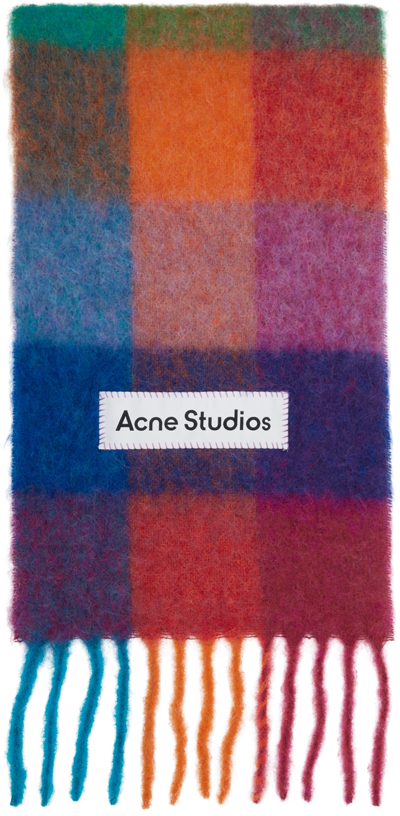 Acne Studios Fringed Logo-appliquéd Checked Knitted Scarf In Fuchsia Pink,yellow,blue