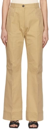 Drae Beige Cotton Patch Pocket Flared Trousers In Beige