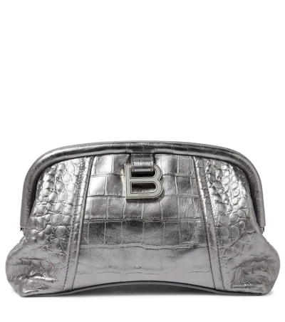 Balenciaga Editor Xs Clutch In Silver Croc Embossed Calfskin In Grey