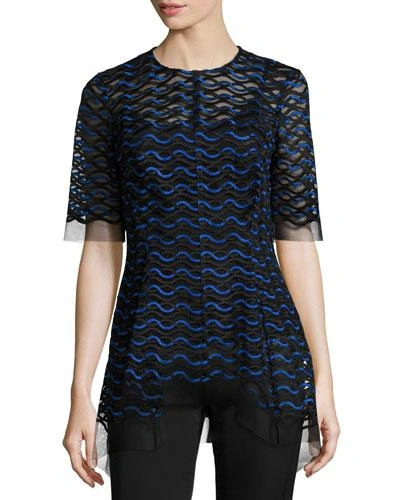 Lela Rose Wavy-illusion Half-sleeve Top In Black