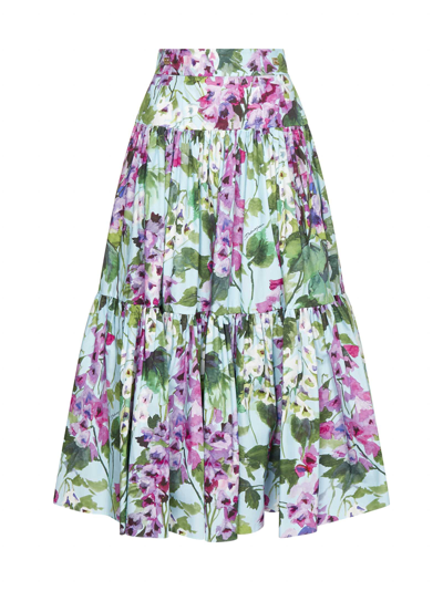 Dolce & Gabbana Pleated Floral-print Cotton-poplin Midi Skirt In Light Blue,purple,green