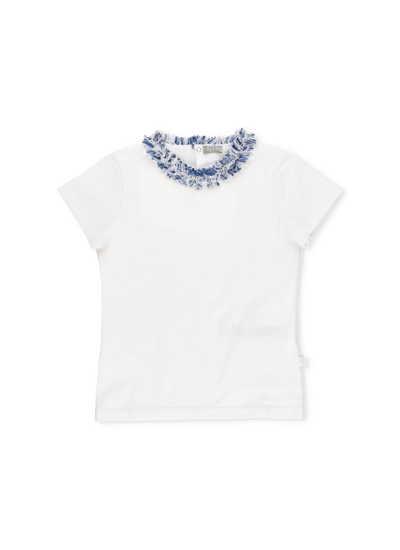 Il Gufo Babies' T-shirt With Fringes In Bianco/avio