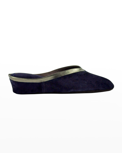 Jacques Levine Suede Wedge Mule Slippers In Navy