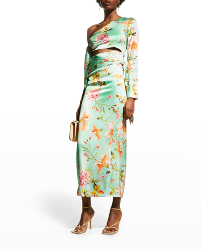 Adriana Iglesias Bruna One-shoulder Cutout Floral Silk Midi Wrap Dress In Aquamarine Garden