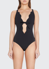 Lisa Marie Fernandez Scallop Bow Seersucker Maillot One-piece Swimsuit In Black Seersucker