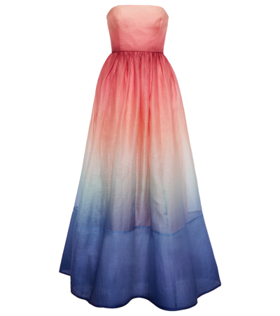 Zimmermann Postcard Strapless Degradé Silk And Linen-blend Maxi Dress In Red,blue