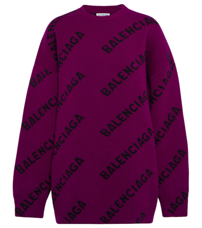 Balenciaga Allover Logo Intarsia Sweater In Plum