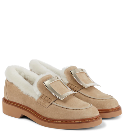 Roger Vivier Women's Viv Rangers Metal Buckle Shearling-lined Suede Loafers In Naturale Scuro+stucco Chiaro