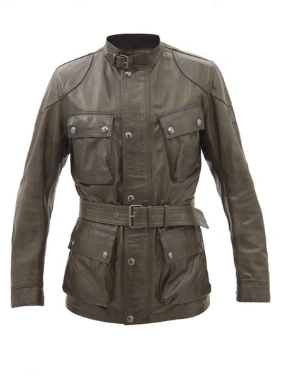 Belstaff Trialmaster Belted Patch-pocket Leather Jacket In Green