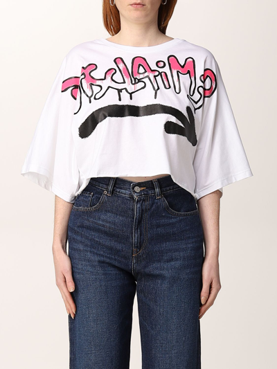 Disclaimer Cropped  Cotton T-shirt With Logo In White
